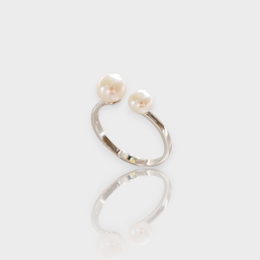 Silver Double Pearl Adjustable Ring