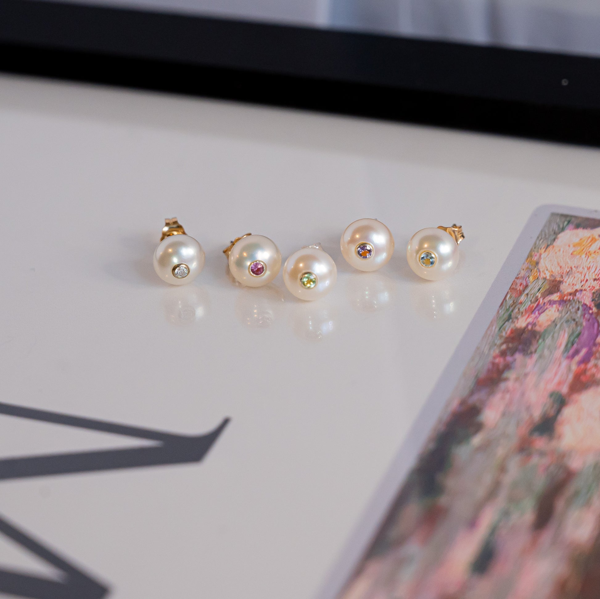 Pearl studs with birthstone